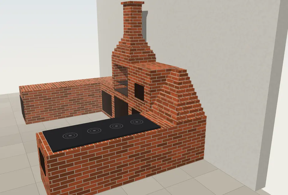 Projeto 3D da churrasqueira em U de tijolo aparente com chaminé única, forno, fogão à lenha e canto escalonado